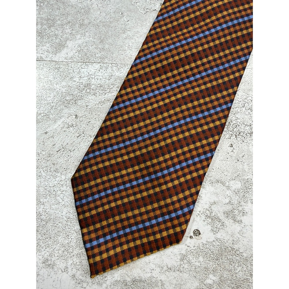 Henry Jacobson Necktie Men OS Brown Blue Check Silk Cotton Blend Handmade